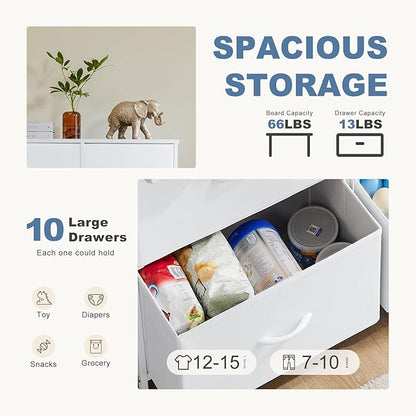 DUMOS 10 Drawer Dresser for Bedroom, Storage Organizer Chest of Drawers | Wide Fabric Closet Organizer Tower Furniture with Wooden Top Metal Frame, Dorm, White