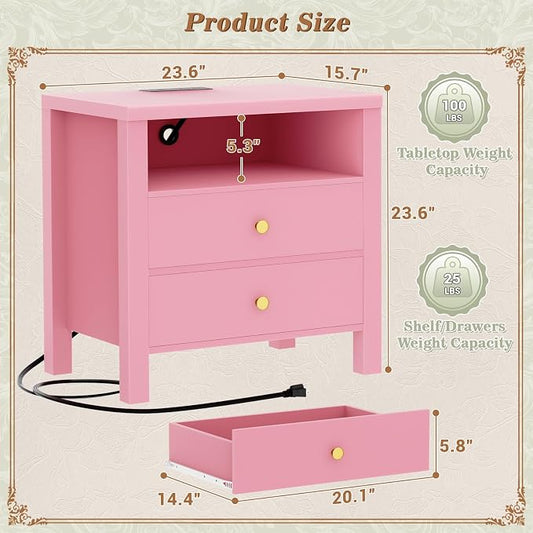 Aheaplus Nightstand with Charging Station, 23.6'' Large Bed Side Table with Wooden 2 Drawers, Night Stand for Bedroom, End Table with Open Storage Shelf for Living Room, Pink