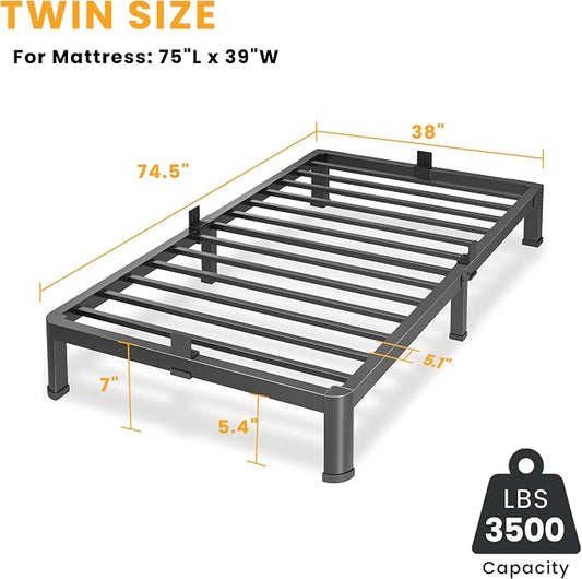 7 Inch Twin Bed Frame, Metal Platform Bed Frame with Round Corner Legs, 3500 lbs Heavy Duty Steel Slats Support, No Box Spring Needed, Noise Free, Easy Assembly, Black