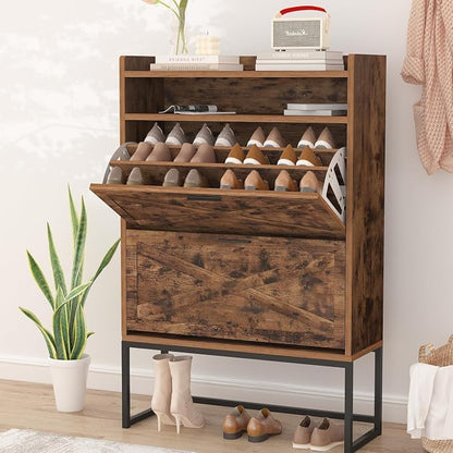 Shoe Cabinet Storage for Entryway, 3 Layers Shoe Cabinet with 2 Flip Drawers, Metal Legs Shoe Storage, Adjustable Shoe Rack Cabinet