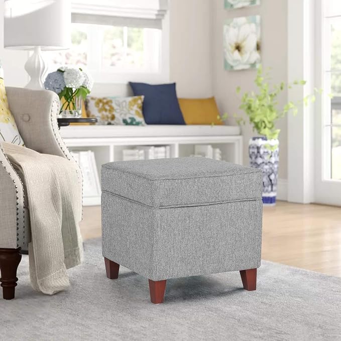 Adeco 17 Inch Square Linen Storage Ottoman for Living Room & Bedroom, Small Upholstered Footrest Stool with Hinged Lid and Wood Legs, Modern Accent Furniture, Light Gray