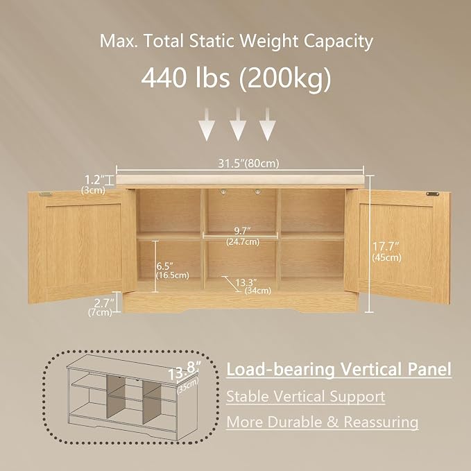 DINZI LVJ Shoe Bench, Entryway Storage Bench with Doors, Cushion, 2-Tier Shoe Rack with 6-Cubby, 31.5”L x 13.8”W Shoe Organizer Cabinet, Adjustable Shelf, Living Room, Bedroom, Natural