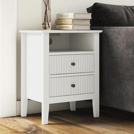 RoyalCraft White Nightstand with Charging Station, Fluted Night Stand for Bedroom, Small Sofa Table with 2 Storage Drawers Cabinet, Wood End Table for Bedroom