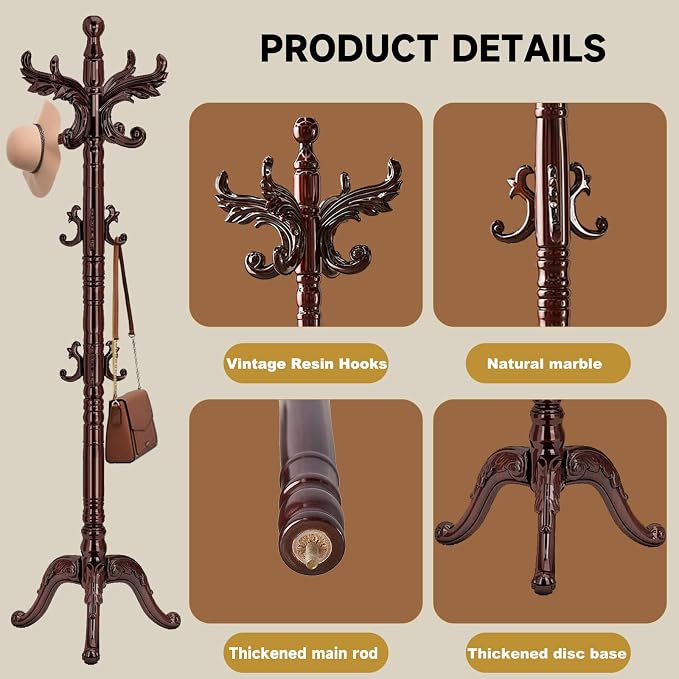 Wooden Coat Rack Stand, Natural Birch Wood Coat Rack Freestanding with Triangular Base, Sturdy Solid Wood Coat Racks with 14 Hooks, Vintage Coat Hall Clothes Tree for Entryway, Office, Corner