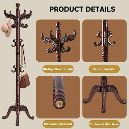 Wooden Coat Rack Stand, Natural Birch Wood Coat Rack Freestanding with Triangular Base, Sturdy Solid Wood Coat Racks with 14 Hooks, Vintage Coat Hall Clothes Tree for Entryway, Office, Corner