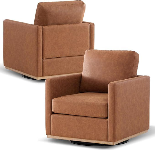 Aoiy & Wifon 30.7" W Swivel Accent Chair Set of 2, Mid Century Modern Swivel Chairs for Living Room, Comfy Small Accent Chair, PU Leather, Brown