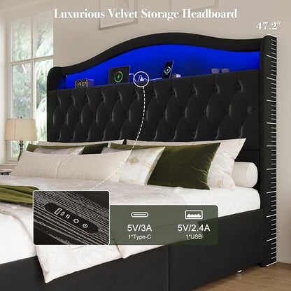 King Size Bed Frame and Headboard & 4 Storage Drawers, Upholstered Platform Bed Frame with RGB LED Lights & Charging Station, No Box Spring Needed, Easy Assembly, Noise-Free, Black