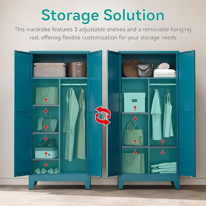 71" Tall Metal Armoire Wardrobe Closet with Hanging Rod and 3 Adjustable Shelves,Blue Storage Cabinet,Steel Wardrobe for Bedroom Garage Laundry Room Office Apartment Amployees,6 Tier,1 Pack
