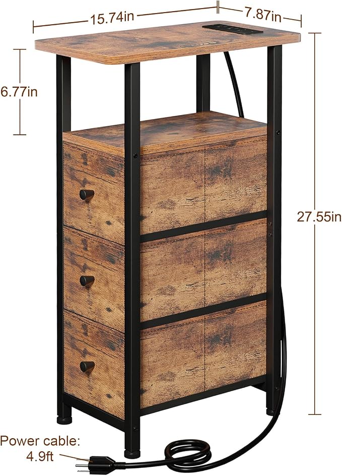 LOAKEKEL Narrow End Tables Living Room Set of 2 with Charging Station, Skinny Side Table with Fabric Drawers, Slim Nightstand for Bedroom, Small Spaces, Couch, Rustic Brown, HETNDP03PBR