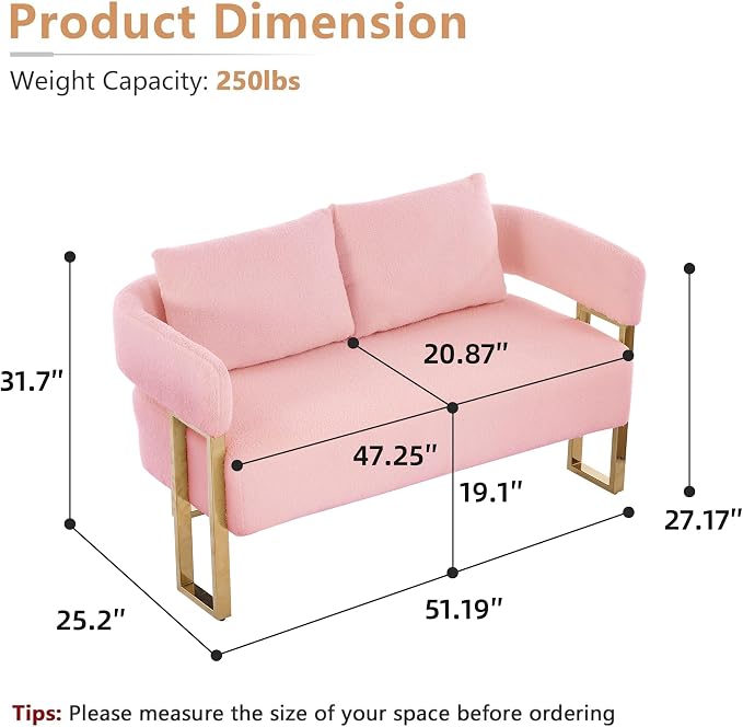 YISHENG Loveseat Sofa and 2 Accent Chairs Comfy Sofa Modern Accent Chairs for Living Room with Golden Legs Teddy Upholstered Reading Armchairs no Wheels for Reception Room//Bedroom/Lounge/Office,Pink