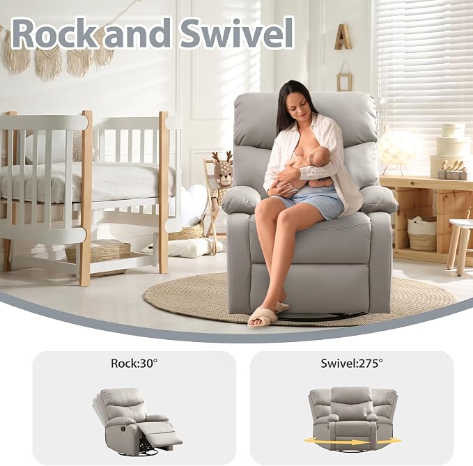 Genuine Leather Rocker Recliner Modern Manual Swivel Glider Recliner with Adjustable Backrest & Footrest Wall Hugger Swivel Rocking Recliner Chair for Modern Living Room and RV Beige