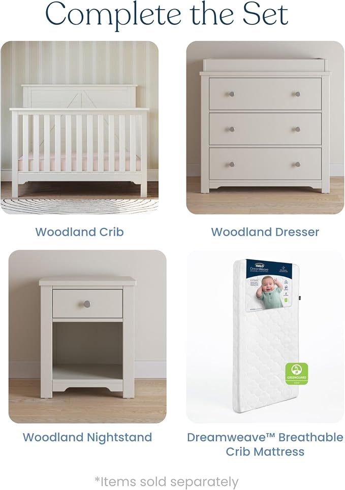 Child Craft Woodland Design 4-in-1 Convertible Baby Crib Nursery Furniture - Baby Bed, Toddler Bed and Full Size Bed, 3 Adjustable Mattress Positions, Real Wood, Baby Safe Finish (Brushed Cotton)