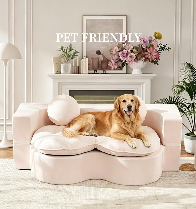 75” Full Size Convertible Sleeper Sofa Bed, Boneless Folding Futon Loveseat Sofa with 2 Pillows, High Density Foam Compressed Foldable Guest Couch for Living Room Apartment (Beige Teddy Velvet)