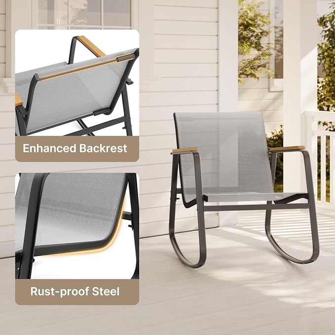 Aiho 3 Piece Patio Bistro Set, Textilene Outdoor Furniture Set with Patio Rocking Chairs with Wooden Armrests and Glass Table for for Lawn, Porch, Balcony, Poolside(Grey)