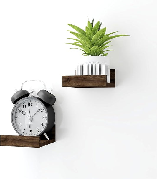 Small Floating Shelves for Wall Decor, Wall Mounted Wood Shelf for Bedroom, Living Room, Bathroom, Kitchen, Nursery, Mini Display Ledge Shelf with Lip Set of 2-4 Inches, Walnut