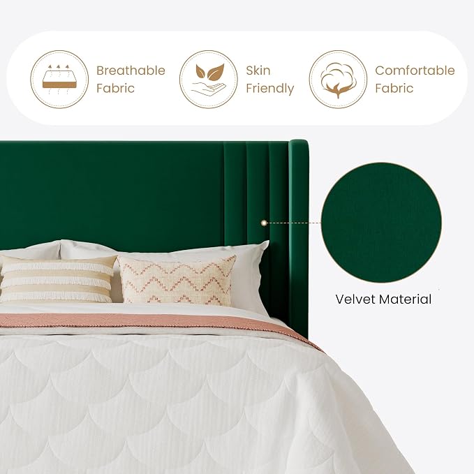SHA CERLIN Full Size Velvet Upholstered Platform Bed Frame with Vertical Channel Tufted Wingback Headboard, Wooden Slats Support, Easy Assembly, Under Bed Storage, No Box Spring Required, Green