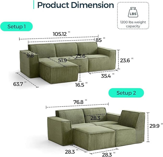 LINSY HOME Modular Sectional Sofa, 105" Boneless Couch L Shaped 3-Seat Sofa with Ottoman, Corduroy Sectional Cloud Couches for Living Room, No Assembly Required, Green