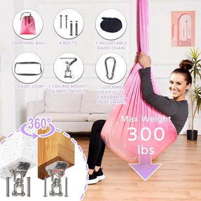 Sensory Swing for Kids and Adults Indoor & Outdoor Double Layer Therapy Cuddle Holds up to 300lbs Adjustable Hammock Chair with 360° Swivel Hanger Kit Effect for Aspergers Autism ADHD(Fantasy Pink)