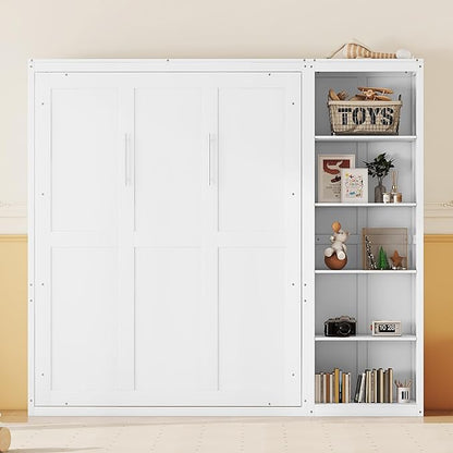 Merax Space-Saving White Murphy Bed Full Size with Adjustable Storage Shelves, Multifunctional Foldable Wall Bed for Small Spaces Studio Study Office Guest Room