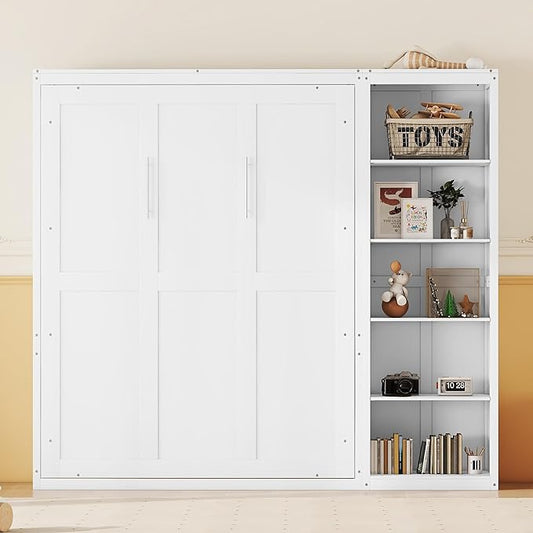 Merax Space-Saving White Murphy Bed Full Size with Adjustable Storage Shelves, Multifunctional Foldable Wall Bed for Small Spaces Studio Study Office Guest Room