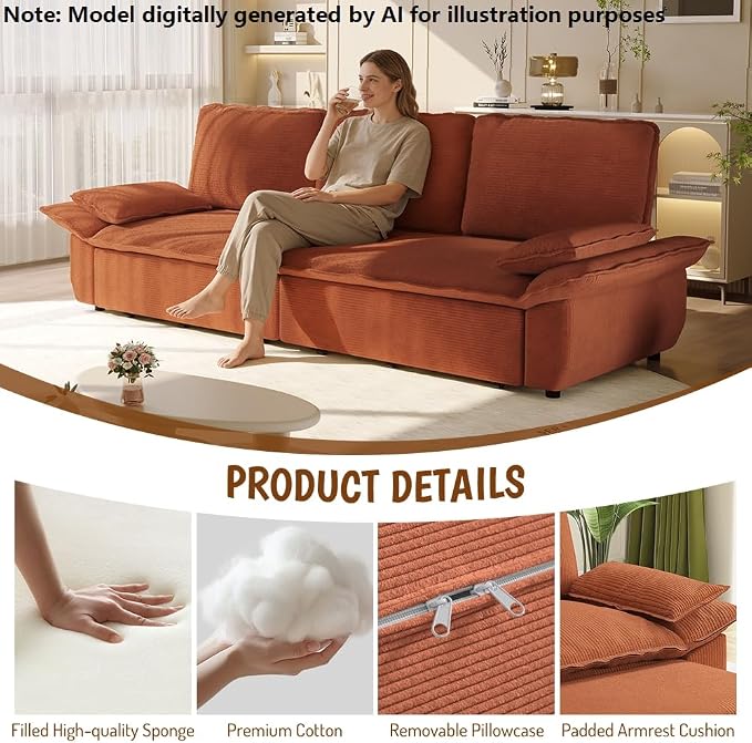 94.5'' Sleeper Sofa Bed King Size, Modern Corduroy Pull Out Couch, 3-in-1 Convertible Futon Sofa, 3 Seater Couches, Cloud Recliner, Pillow Arm, for Living Room, Apartment, Offices, RV, Orange