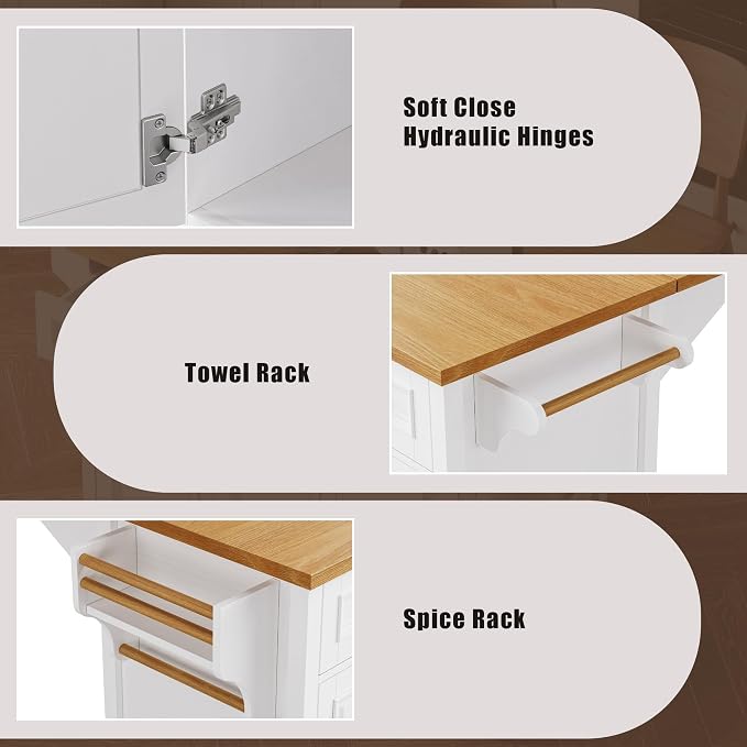 Large Kitchen Island with Rubber Wood Drop Leaf, Rolling Kitchen Cart with Ample Storage on Wheels with Doors and Drawers, Embossed Texture for Dining Room (52Inch, White, Golden Handle)
