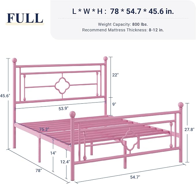 Allewie Full Size Metal Platform Bed Frame with Victorian Vintage Headboard and Footboard/Mattress Foundation/Under Bed Storage/No Box Spring Needed/Noise-Free/Easy Assembly, Pink