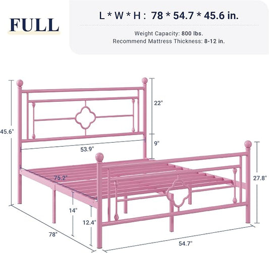 Allewie Full Size Metal Platform Bed Frame with Victorian Vintage Headboard and Footboard/Mattress Foundation/Under Bed Storage/No Box Spring Needed/Noise-Free/Easy Assembly, Pink