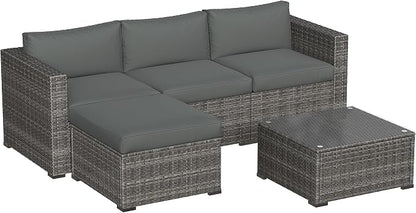May in Color 5 Piece Outdoor Patio Sectional Furniture Set, Weather Resistant Rattan Outside Couch, Waterproof Conversation Sofa for Balcony, Porch, Backyard, Deck, Garden, Grey