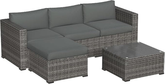 May in Color 5 Piece Outdoor Patio Sectional Furniture Set, Weather Resistant Rattan Outside Couch, Waterproof Conversation Sofa for Balcony, Porch, Backyard, Deck, Garden, Grey