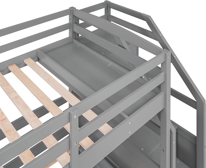 VilroCaz Twin Size Triple Bunk Bed with Drawers and Staircase, Solid Wood Bunk Bed Frame with Safety Full-Length Guardrail and Built-in Shelves, 3 Beds in 1 for Kids Teens Adults