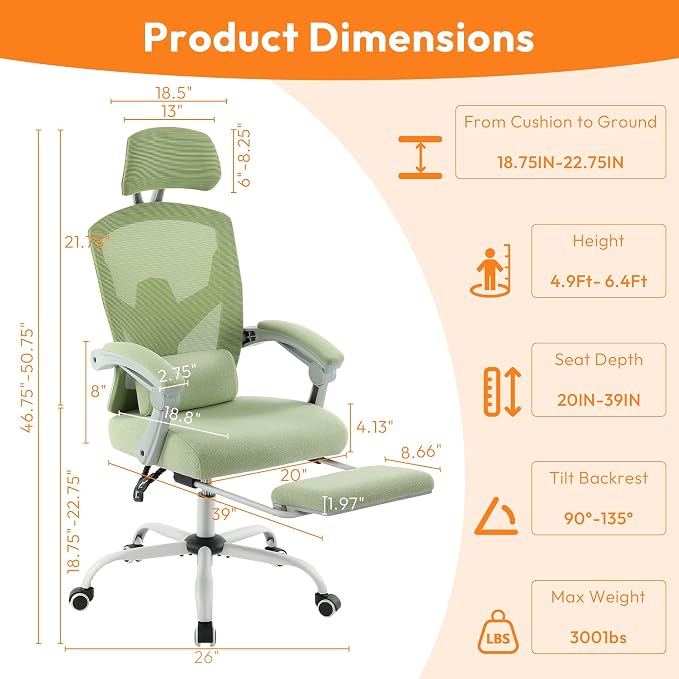 Home Office Desk Chair, Comfortable Mesh Computer Chair with Foot Rest, Reclining Gaming Chair with Headrest and Lumbar Support, 90°-130° Reclining, Light Green