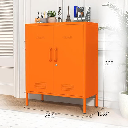 Multipurpose Accent Cabinet Locker, Metal Storage Cabinet with 2 Adjustable Shelves, Heavy Duty & Lockable Organizer Made of Thickened Steel, Easy Assembly for Home, Entryway, Orange