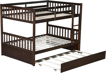 Harper & Bright Designs Convertible Wood Full-Over-Full Bunk Bed with Trundle and Ladder - Can Be Divided Into Two Platform Beds, Espresso