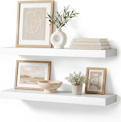 White Floating Shelves Set of 2, 24 Inch Wall Mounted Wood Shelves for Bathroom Over Toilet, Bedroom, Living Room, Kitchen & Office Storage, Modern Display Shelves