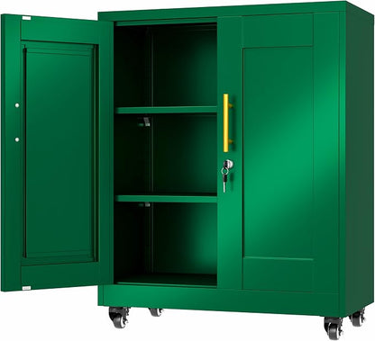 35.4" Metal Garage Storage Cabinet with Wheels and Locking Doors | Tall Rolling Steel Tool Cabinet with 2 Adjustable Shelves for Garage,Home,Office,Shop (Green, 35.4''H x 27.6''W x13.8''D)