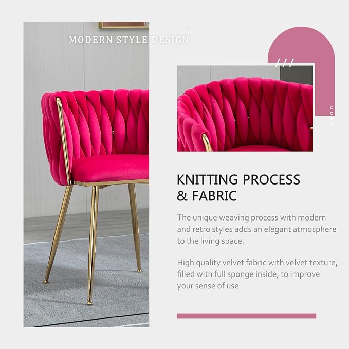Velvet Dining Chairs Set of 6, Modern Dining Chair with Gold Metal Legs, Woven Upholstered Dining Chairs for Dining Room, Kitchen, Vanity, Living Room (Rose Red)