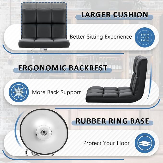 Homall Bar Stools Modern PU Leather Adjustable Swivel Barstools, Armless Hydraulic Kitchen Counter Bar Stool Extra Height Square Island Barstool with Back Set of 4 (Leather, Black 4 Pcs)