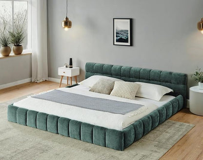 KEIKI California King Thick Chenille Platform Bed Frame with Upholstered Tufted Headboard, Modern Solid Wood Floor Platform for Bedroom, No Box Spring Needed