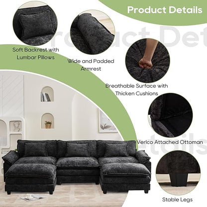Oprisen 120" Modular Sectional Sofa, Comfy Cloud Couch Sectional Sofa with Ottoman, Chenille Sofa Sleeper Deep Seat Sofa with Throw Pillows for Living Room (Black, 120"- U Shape)