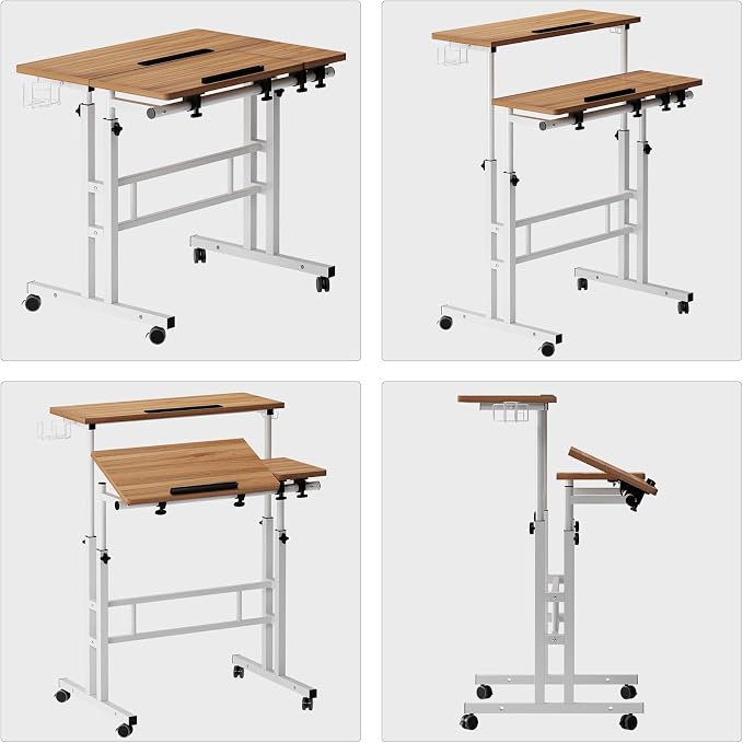 SogesHome 31.5 inch Mobile Standing Desk Adjustable Computer Desk Rolling Laptop Cart Portable Laptop Stand on Wheels Home Office Workstation with Cup Holder,Headphone Holder, Upgrade Oak