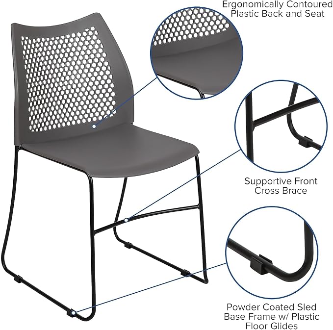 Flash Furniture HERCULES Series 661 lb. Capacity Gray Stack Chair with Air-Vent Back and Black Powder Coated Sled Base