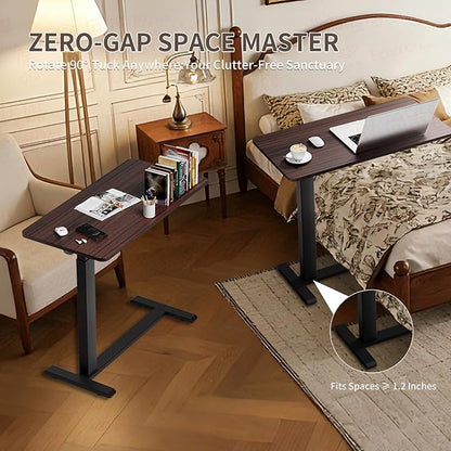 Ywin Medical Overbed Table with Wheels, Pneumatic Lift, Black Walnut | Rolling Bedside Table, Adjustable Height 27–43Inch, Mobile Portable Laptop Desk Perfect for Home Use, Patient Care, Office