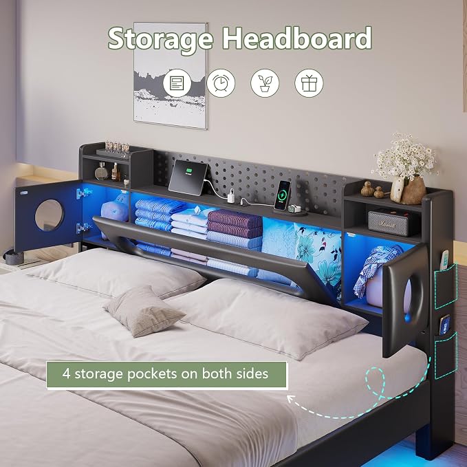 Dnxao California King Bed Frames with Hidden Storage Headboard, PU Black | Floating Bed Frame with LED Lights & Charging Station, No Noise, No Box Spring Needed, Hidden Storage, Easy Assembly