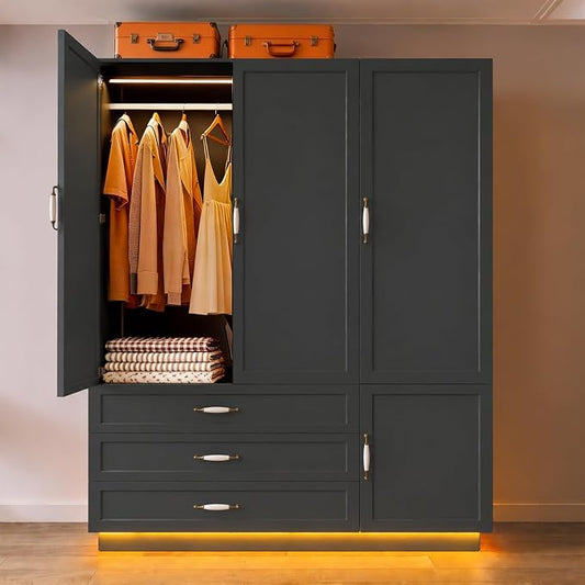 72" Armoire Wardrobe Closet with 3 Door Wooden Bedroom Armoire with LED Light 3 Drawers Large Modern Wardrobe Cabinet with Retro Ceramic Door Handles and Removable Hanging Rod Black