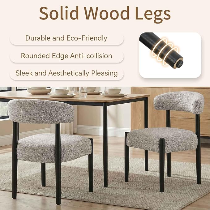 VKNOW Wooden Dining Chairs Set of 6 with Black Rubberwood Legs, Brown | Soft Chenille Fabric, Curved Open Back, Thickened Cushion, For Adults and Family, Dining Room, Kitchen, No Wobble