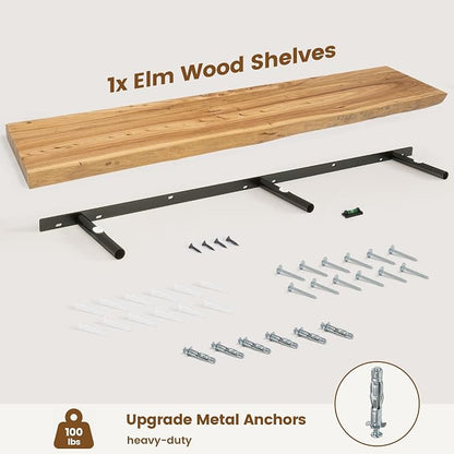 Live Edge Floating Shelves for Wall Decor, Solid Elm Wood Floating Shelves Wall Mounted, Rustic Wall Shelves with Invisible Bracket for Living Room Bathroom Bedroom Kitchen, 55 Inch, Natural