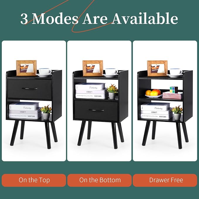 Yoobure Night Stand with Fabric Drawer, Modern Nightstand, Bedside Tables, Mid Century Nightstands with Open Storage Shelf, Wood Bedside Table, Small Night Stands for Bedrooms, 2-Tier Night Table