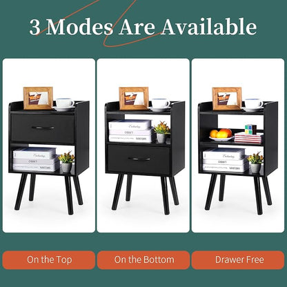 Yoobure Night Stand with Fabric Drawer, Modern Nightstand, Bedside Tables, Mid Century Nightstands with Open Storage Shelf, Wood Bedside Table, Small Night Stands for Bedrooms, 2-Tier Night Table