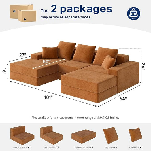 Living&Giving 101" U-Shaped Cloud Sectional Couch for Living Room, Cloud Boneless Couch-No Assembly with Reversible Chaise, Customizable 3-Seat Modular Sectional Sofa with 2 Ottoman, Orange